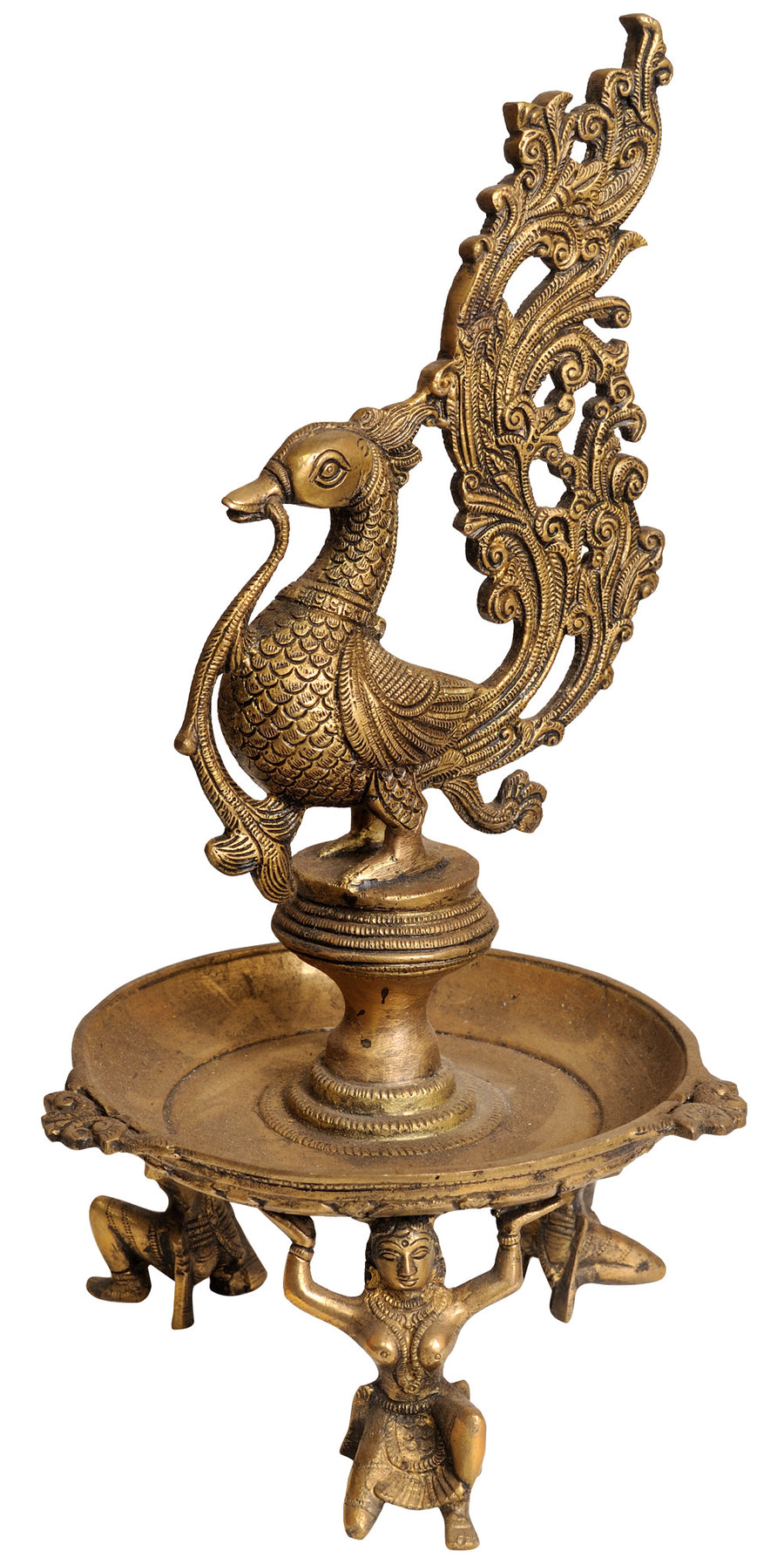 15" Brass Peacock Lamp with Lady Figurine Sculpture Handmade