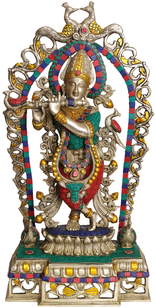 18" Lord Krishna Playing Flute Brass Statue Handmade