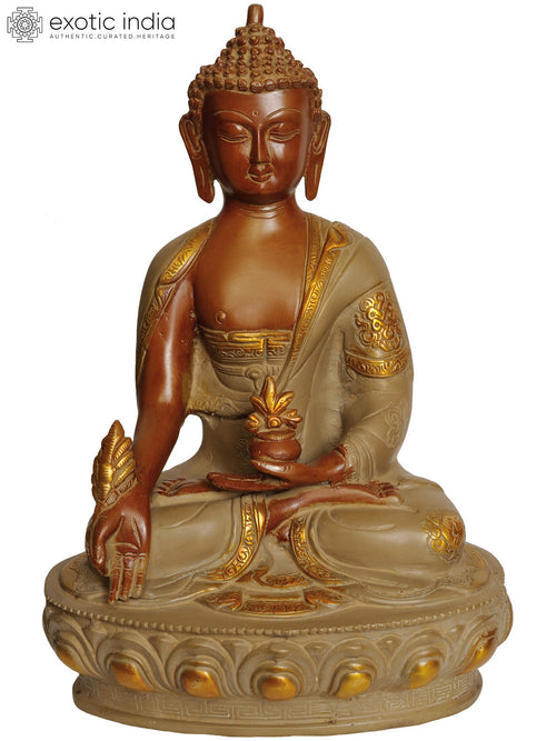 12" Medicine Buddha Seated Lotus Brass Statue Handmade