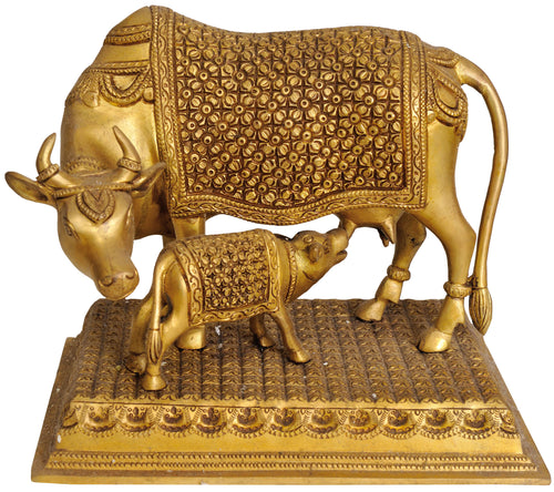 9" Cow and Calf Brass Statue - Sacred Indian Handmade Idol