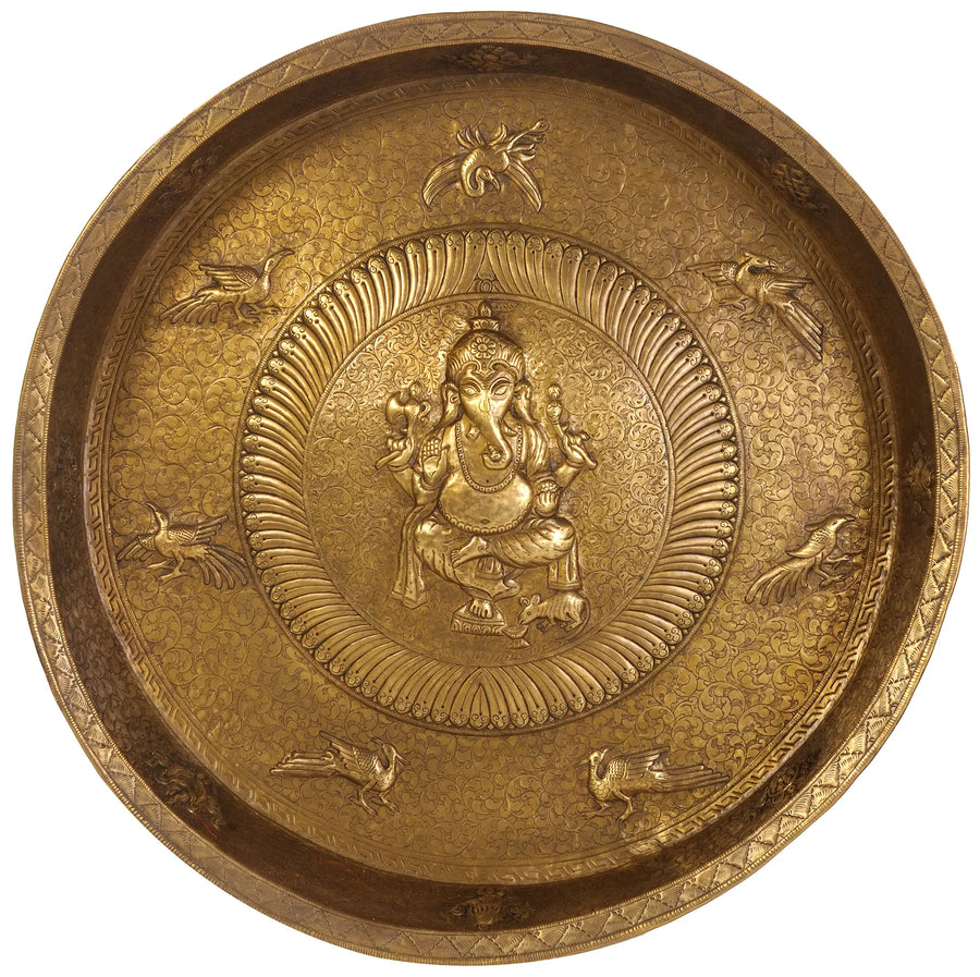 24" Brass Ganesha Wall Hanging with Ashtamangala Symbols Handmade