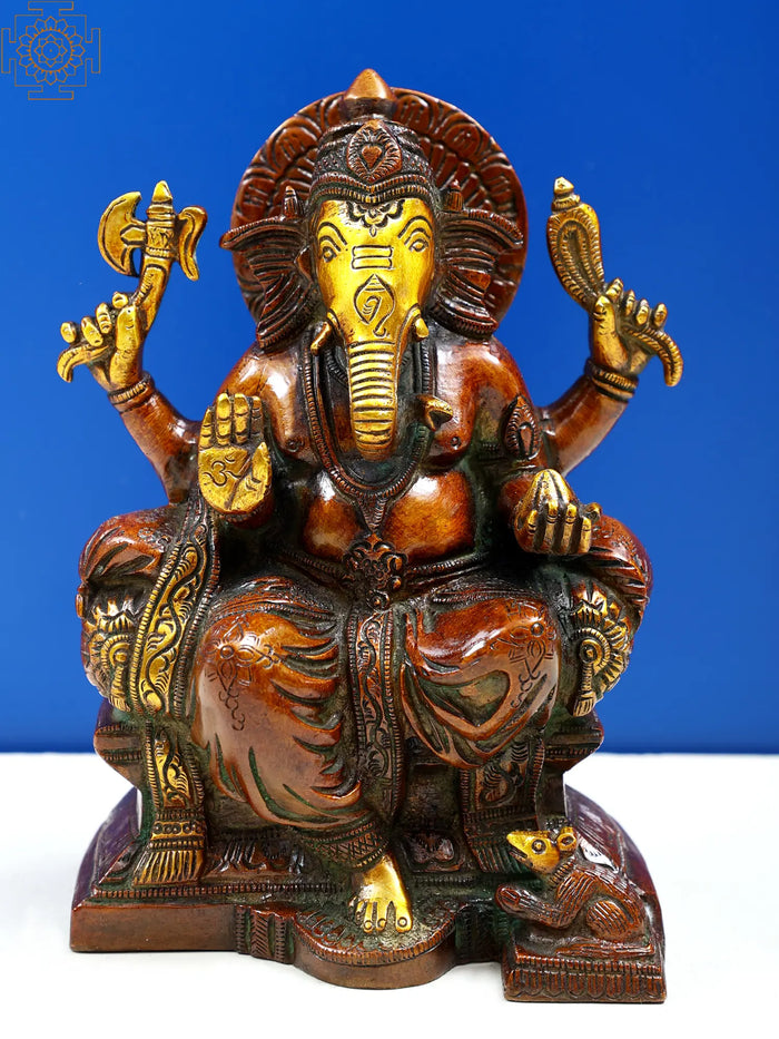 6" Lord Ganesha Statue Seated on Throne in Brass | Handmade | Made in India