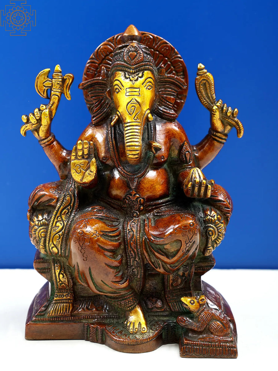 6" Lord Ganesha Brass Statue Seated on Throne Handmade