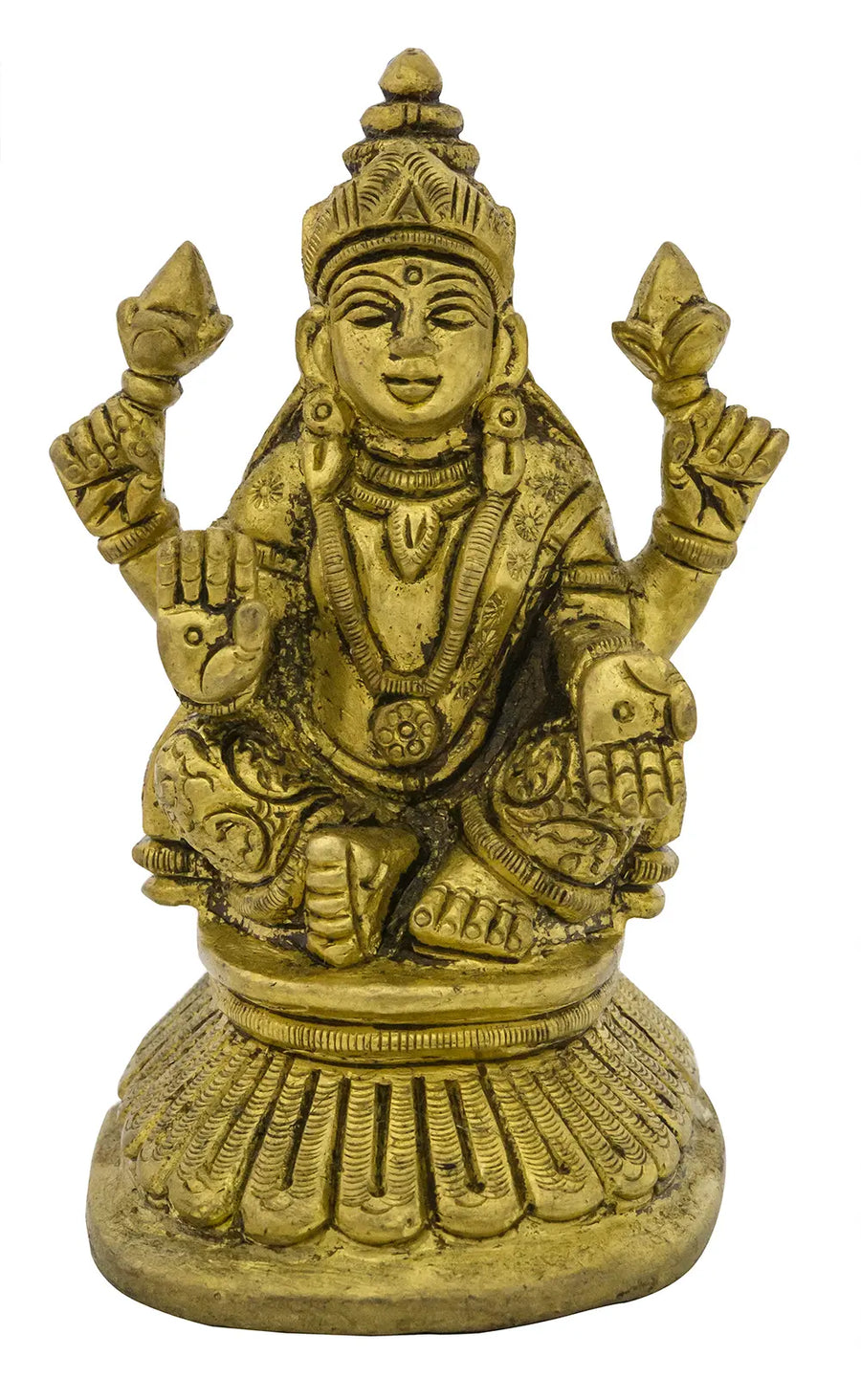 4" Four Armed Seated Lakshmi Brass Statue Handmade