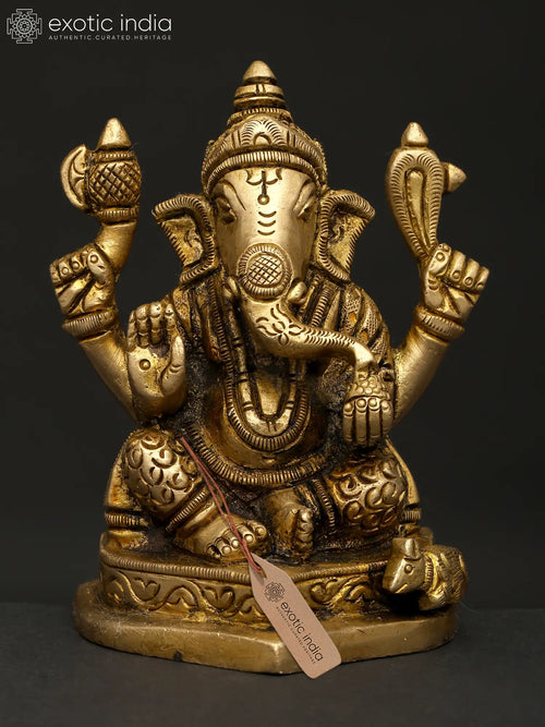3" Four Armed Ganesha Brass Statue for Home Pooja