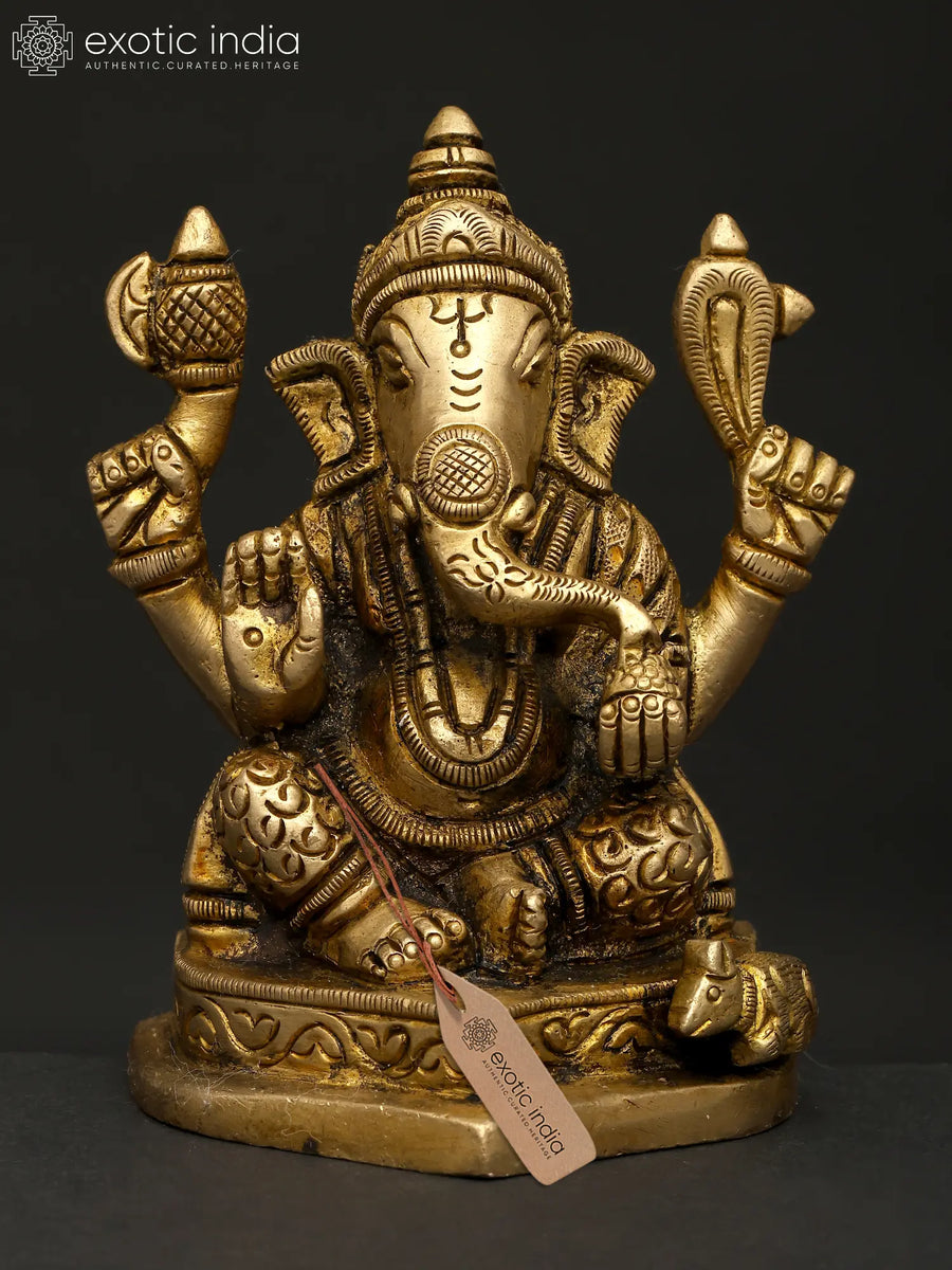 3" Four Armed Ganesha Brass Statue for Home Pooja