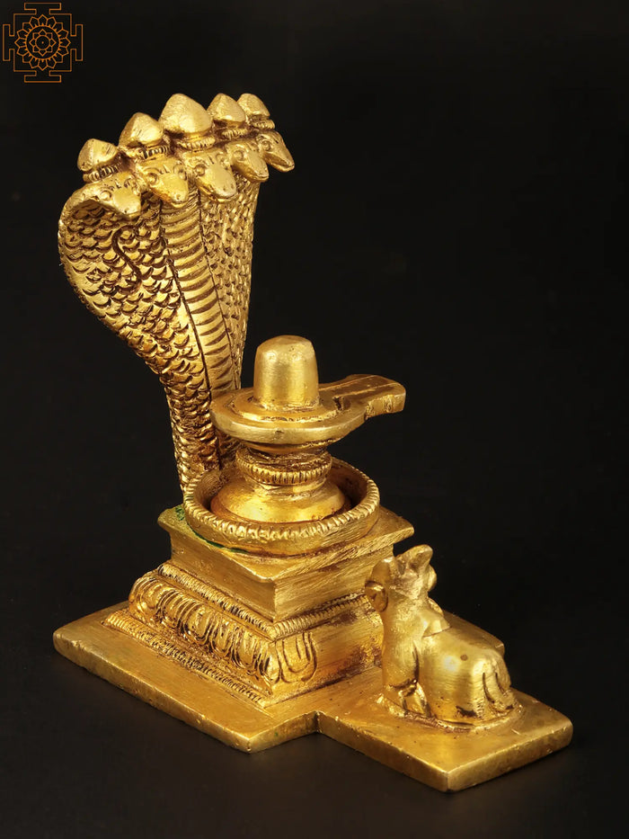 3" Small Brass Shiva Linga with Nandi and Five - Hooded Snake Crown