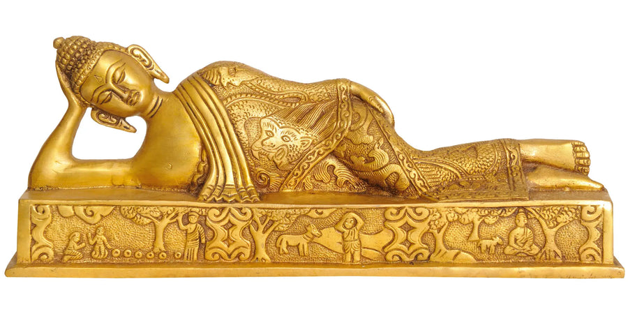 11" Brass Mahaparinirvana Buddha Idol Handmade Statue