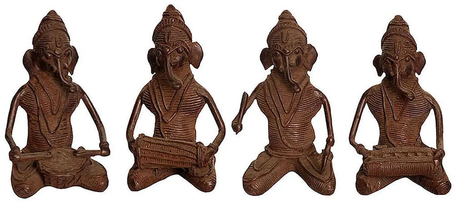 3" Set of Four Musical Ganeshas Brass Tribal Statues Handmade