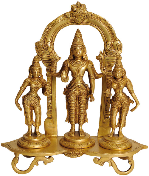 9" Lord Vishnu with Shridevi and Bhudevi Brass Statue Handmade