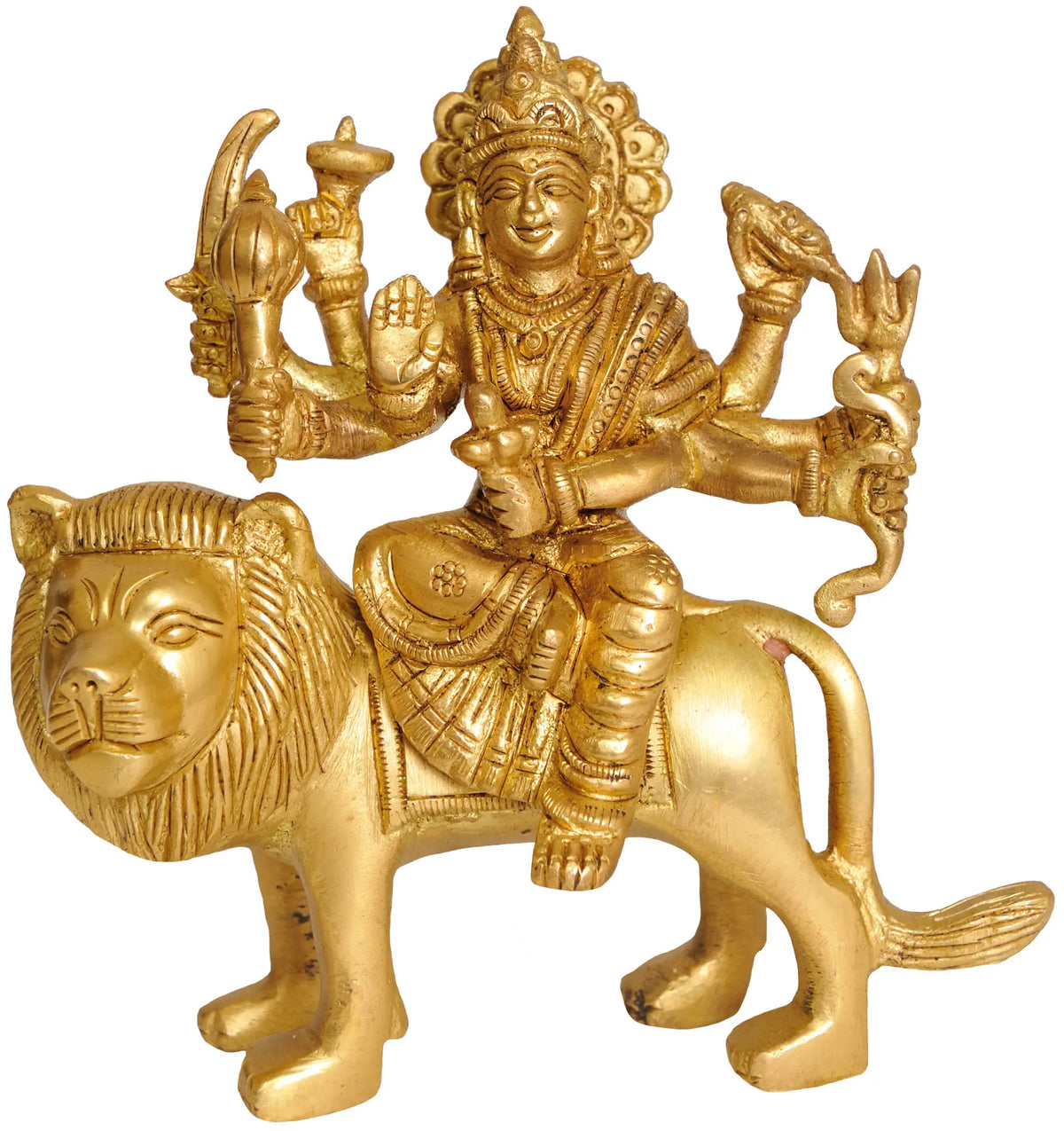 4" Goddess Durga Statue Seated on Lion in Brass | Handmade | Made in India