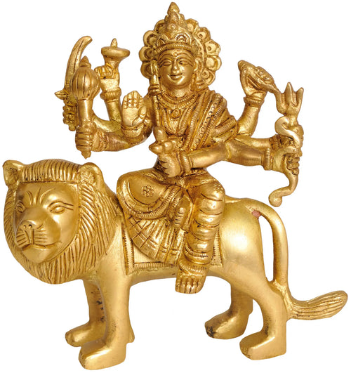 4" Brass Goddess Durga on Lion Handmade Statue