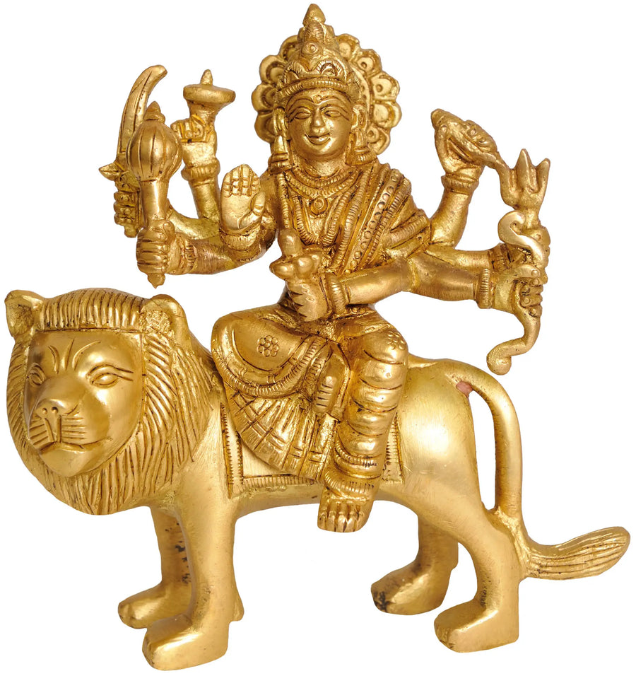 4" Brass Goddess Durga on Lion Handmade Statue