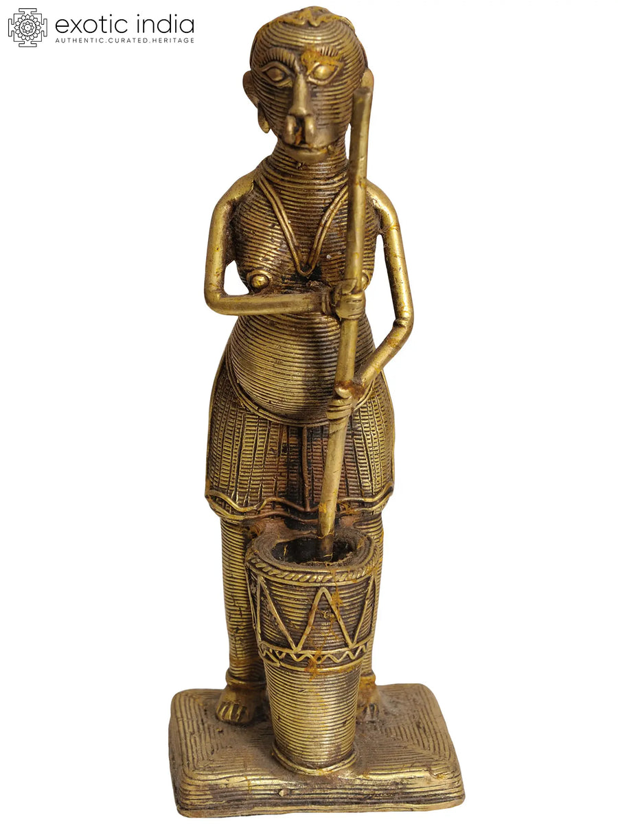 7" Tribal Woman Grinding Corn Brass Statue Handmade