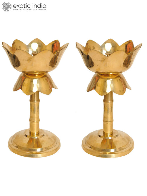 9" Handmade Brass Lotus Shaped Lamp for Pooja