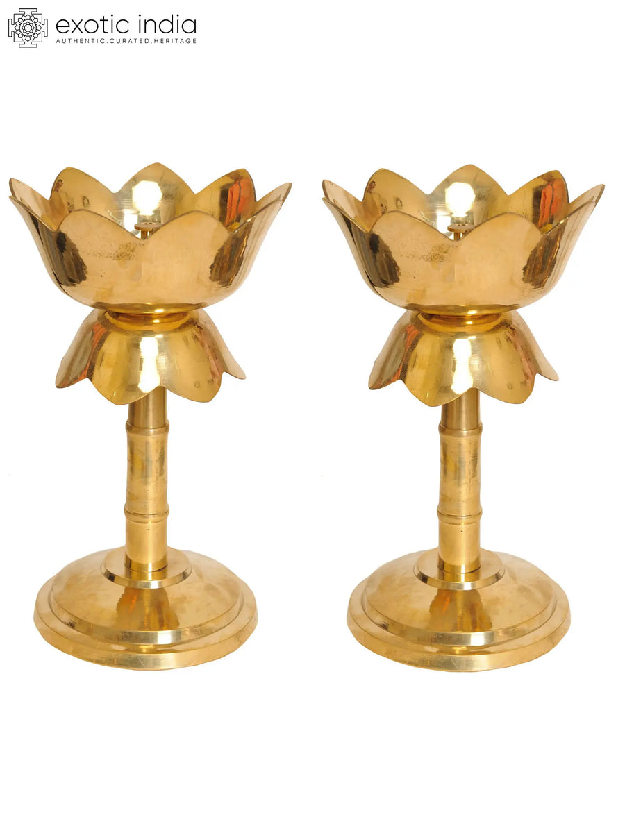 9" Handmade Brass Lotus Shaped Lamp for Pooja