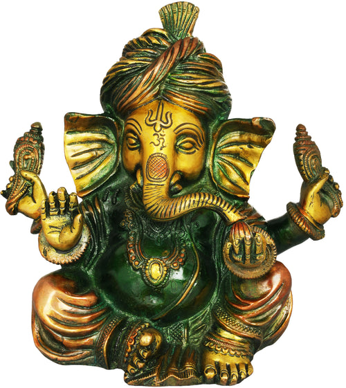 7" Handmade Turbaned Ganesha Brass Idol for Pooja