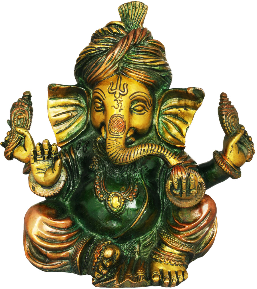7" Handmade Turbaned Ganesha Brass Idol for Pooja