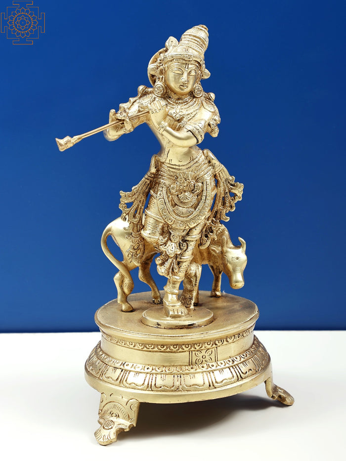 10" Venugopala Krishna with Cow Handmade Brass Statue for Pooja