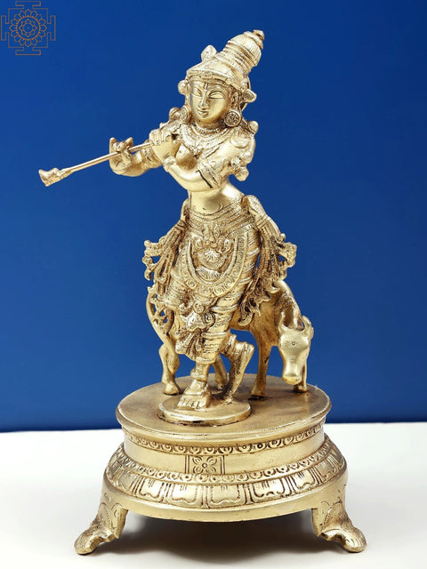 10" Venugopala (Fluting Krishna with His Cow) Brass Statue | Handmade | Made in India