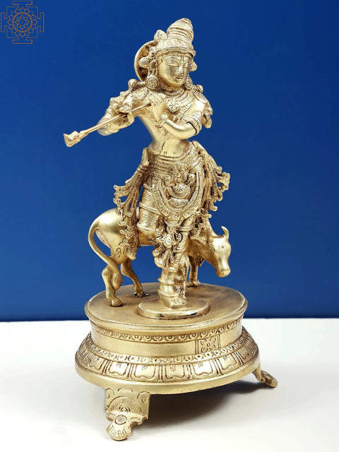 10" Venugopala (Fluting Krishna with His Cow) Brass Statue | Handmade | Made in India