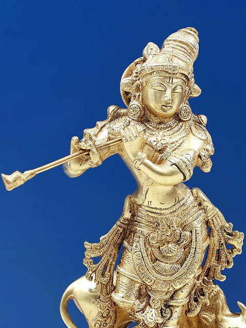10" Venugopala (Fluting Krishna with His Cow) Brass Statue | Handmade | Made in India