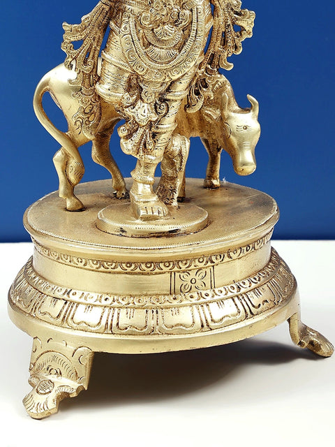 10" Venugopala (Fluting Krishna with His Cow) Brass Statue | Handmade | Made in India