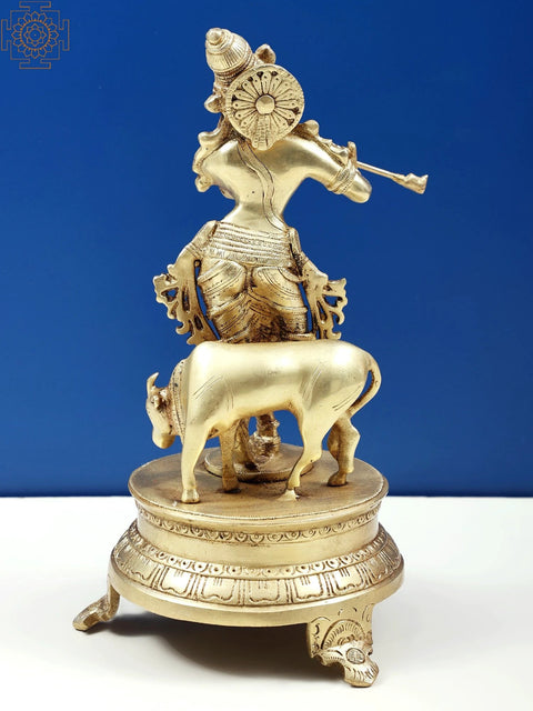 10" Venugopala (Fluting Krishna with His Cow) Brass Statue | Handmade | Made in India