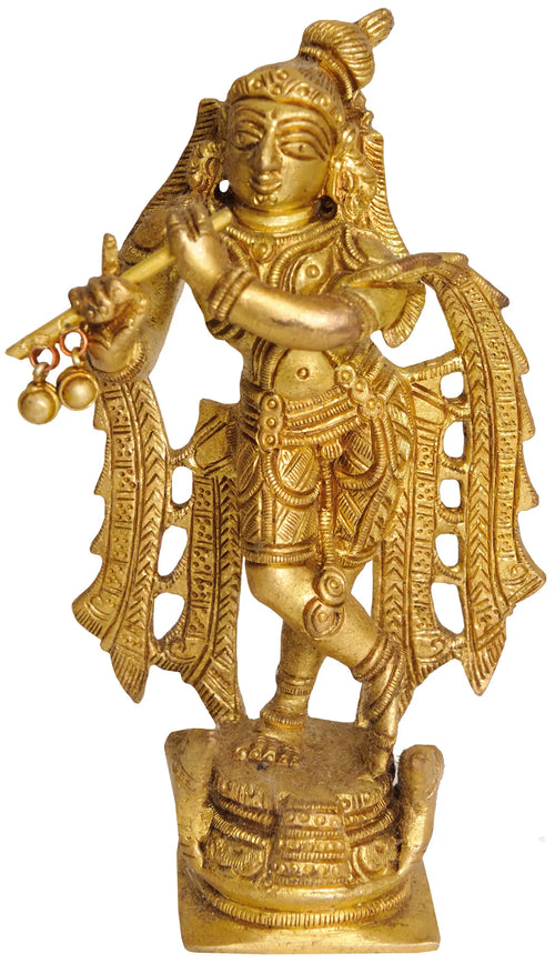 5" Krishna Playing Flute Brass Handmade Statue for Pooja
