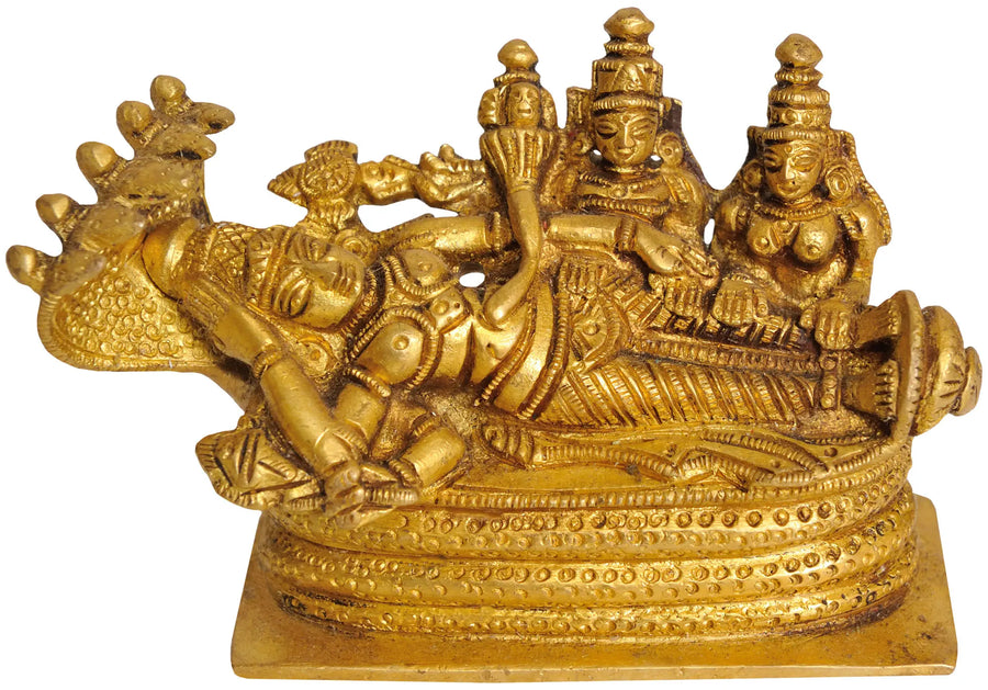 2" Sheshshayi Vishnu Brass Statue with Lakshmi and BhuDevi Handmade