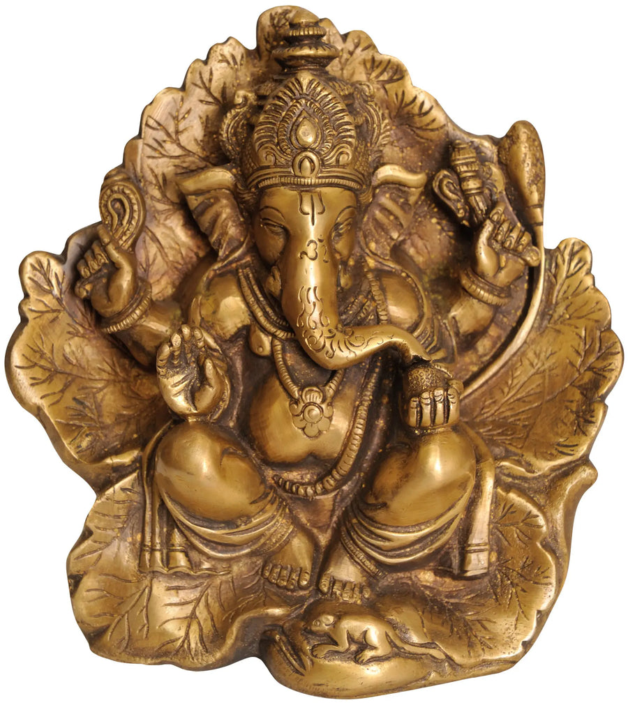 6" Handmade Brass Lord Ganesha Idol Seated on Flower Couch