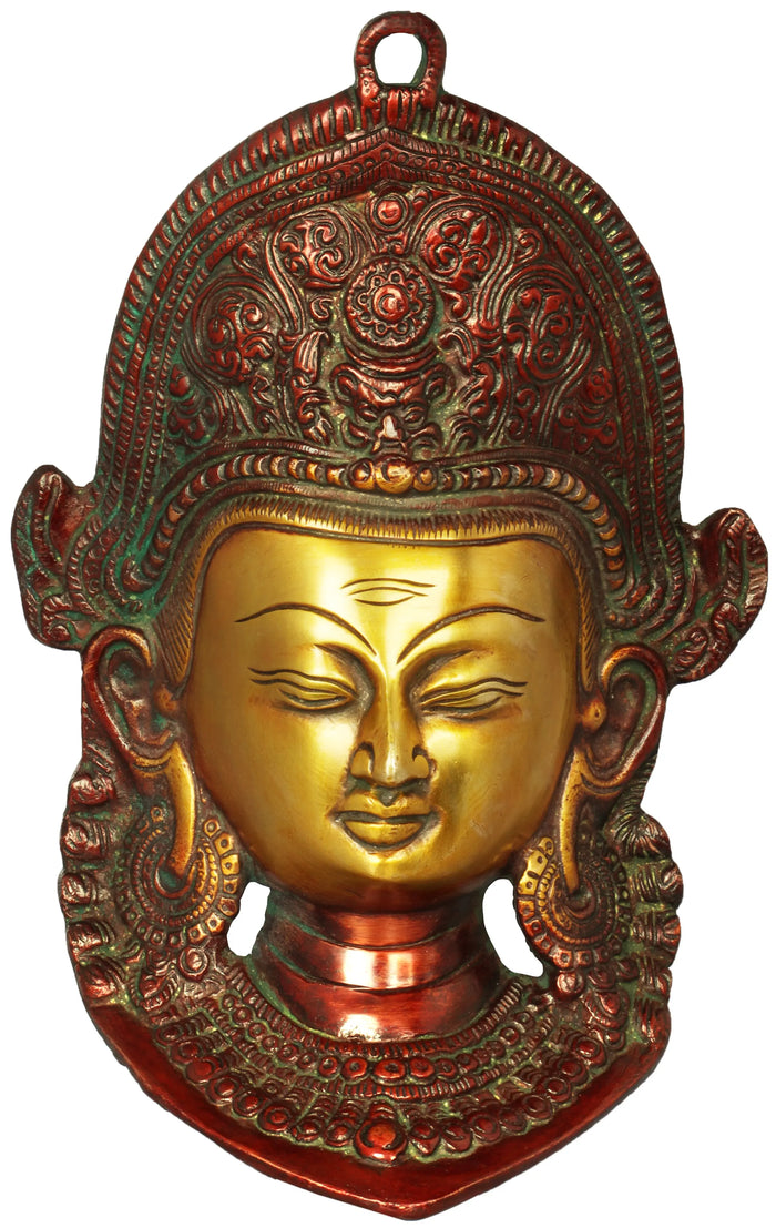 7" Lord Indra Wall Hanging Mask with Horizontal Third Eye | Handmade Brass Statue | Made in India