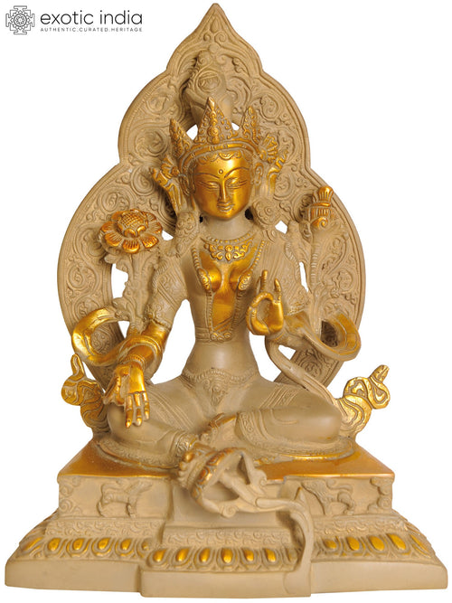 9" Green Tara Goddess Brass Statue with Decorated Prabhavali