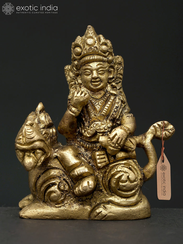 2" Kubera on Lion Brass Statue - God of Wealth