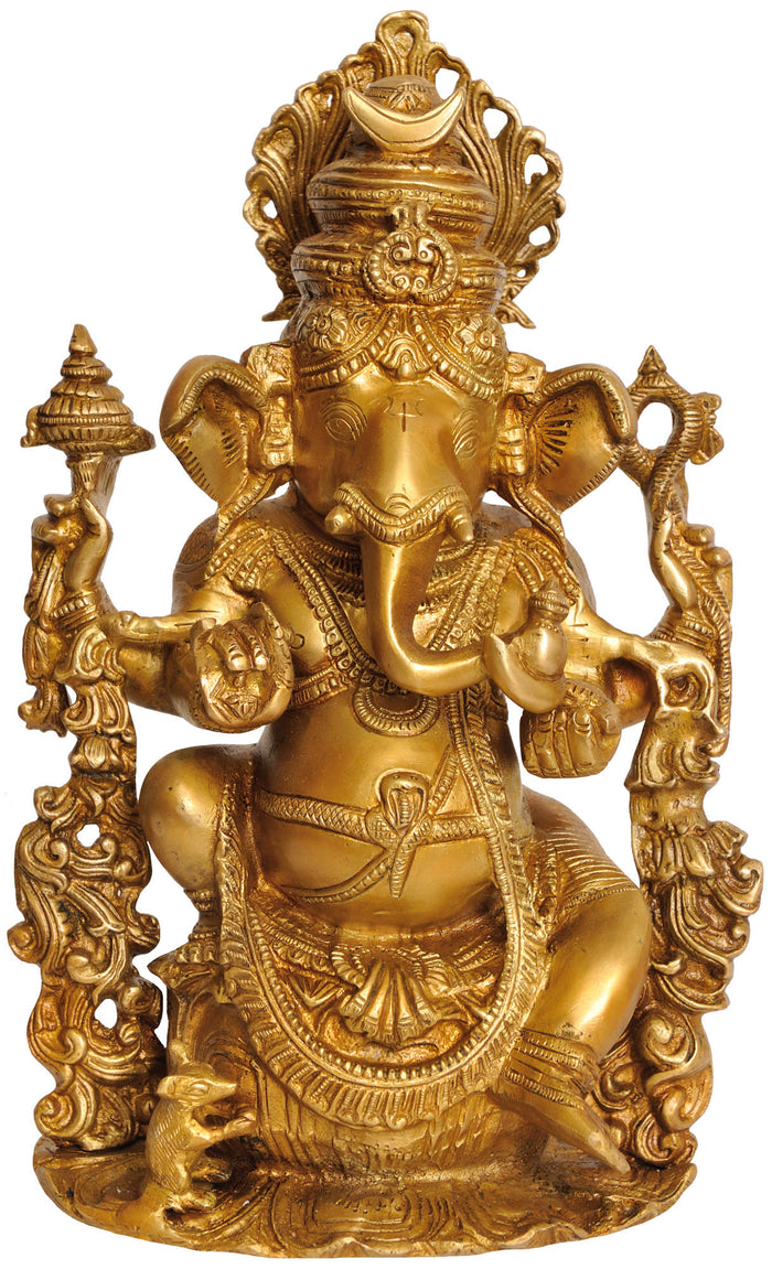 13" Handmade Lord Ganesha with Crescent Moon Brass Idol