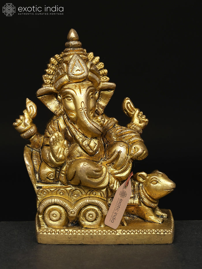 3" Handmade Brass Ganesha Idol on Mouse Chariot