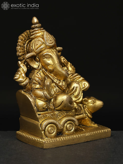3" Small Brass Lord Ganesha Idol Riding a Mouse Chariot | Handmade | Made in India