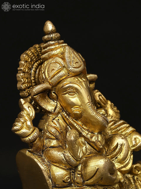 3" Small Brass Lord Ganesha Idol Riding a Mouse Chariot | Handmade | Made in India