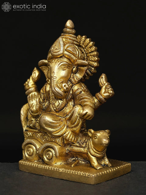 3" Small Brass Lord Ganesha Idol Riding a Mouse Chariot | Handmade | Made in India