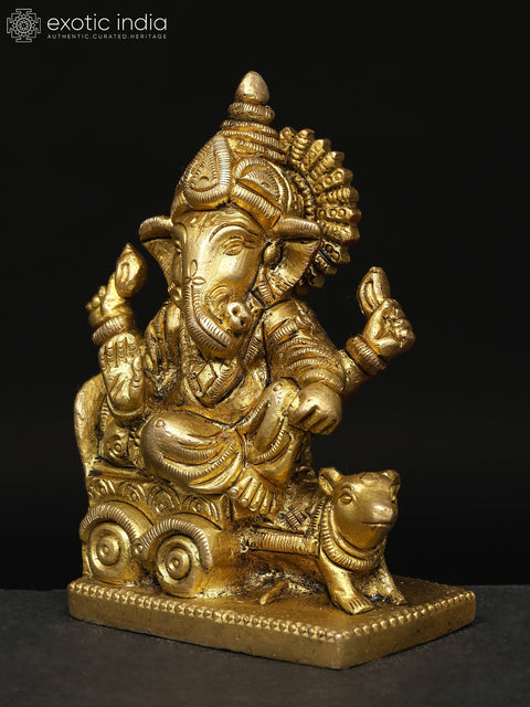 3" Small Brass Lord Ganesha Idol Riding a Mouse Chariot | Handmade | Made in India