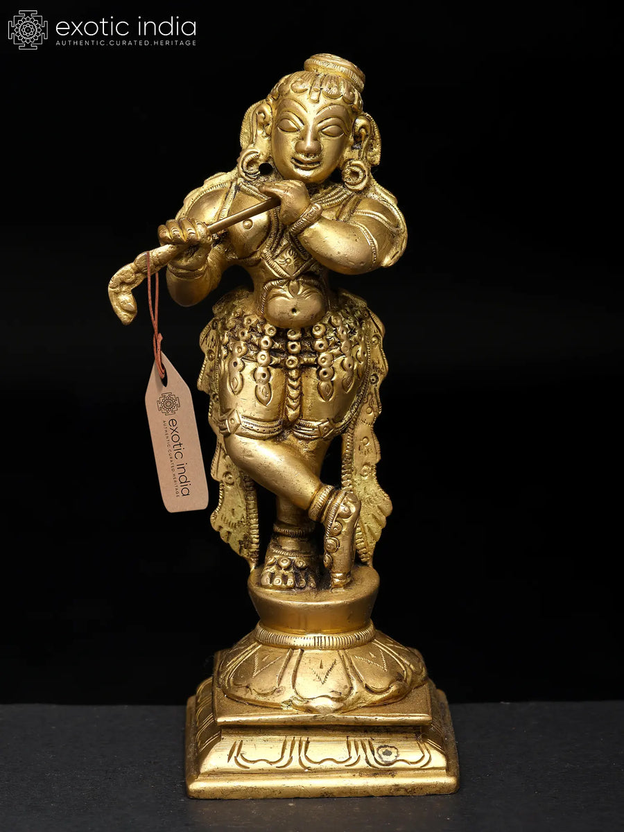 7" Lord Krishna Playing Flute Brass Statue Handmade