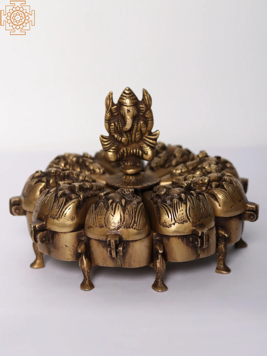 7" Brass Ganesha Ritual Box with Lids for Pooja