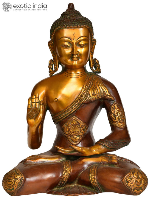 11" Handmade Tibetan Buddhist Lord Buddha Brass Statue with Ashtamangala