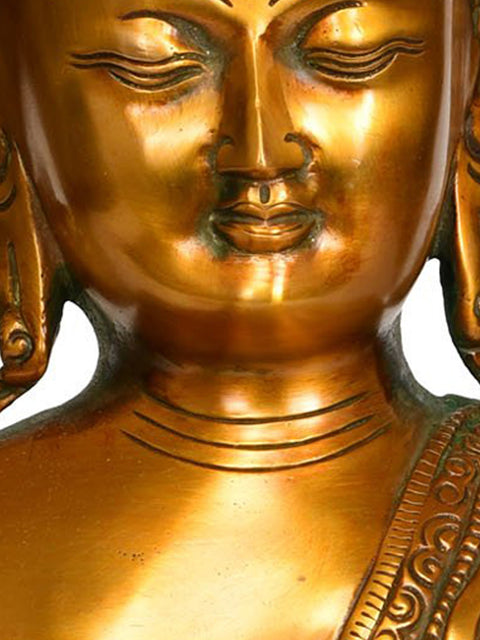 11" Tibetan Buddhist Deity Lord Buddha with Ashtamangala on His Robe In Brass | Handmade | Made In India