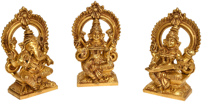 5" Brass Ganesha Lakshmi Saraswati Statue Set Handmade