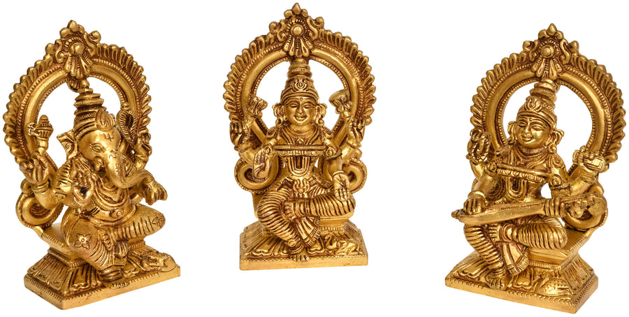 5" Brass Ganesha Lakshmi Saraswati Statue Set Handmade