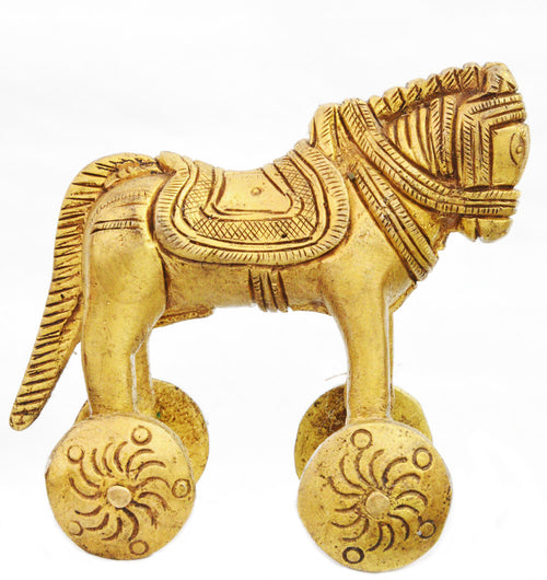 Brass Horse Figurine on Wheels for Home Decor