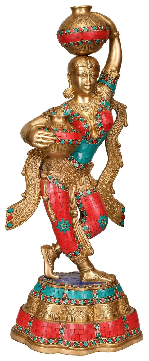 27" Krishna's Gopi Brass Statue with Inlay work | Handmade | Made in India