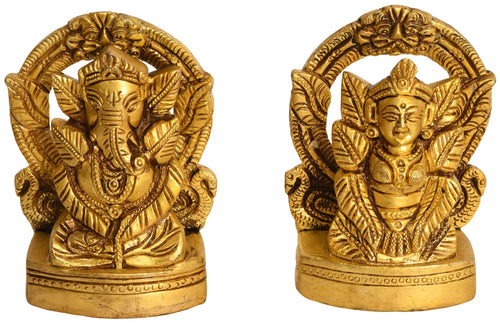 3" Brass Lakshmi Ganesha Idol with Pipal Leaf Decoration Handmade