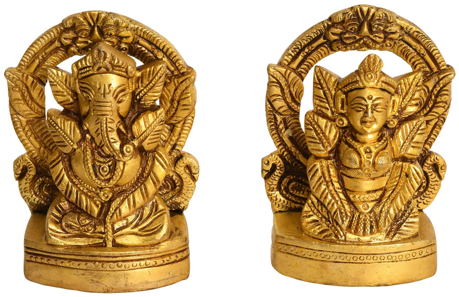 3" Brass Lakshmi Ganesha Idol with Pipal Leaf Decoration Handmade